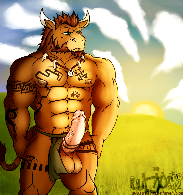 anthro balls beard biceps big_muscles big_penis bovine brown_hair erection facial_hair field fur grass green_eyes hair loincloth loincloth_aside lubion male mammal muscles necklace nipples pecs penis pose scar solo standing tattoo tauren toned topless tribal uncut underwear vein video_games warcraft world_of_warcraft