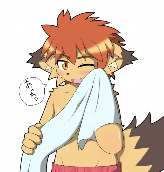 bathing_suit blush child furry luke_(pixiv_453536) one_eye_open shirtless shota swimsuit towel wink