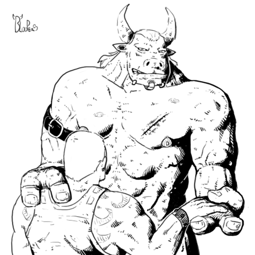 biceps blooper_(artist) bovine cattle duo gay human leather male mammal minotaur muscles tattoo