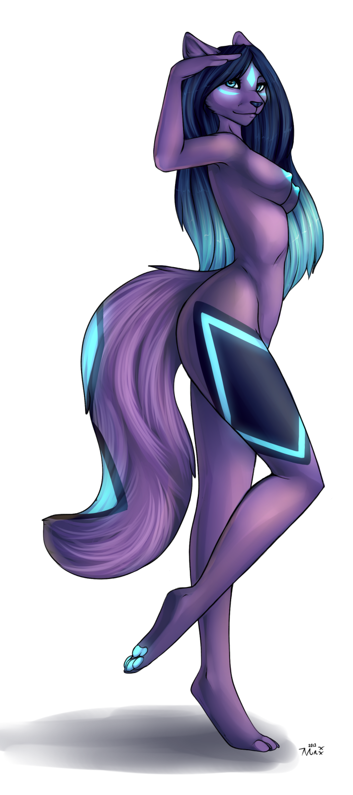 4_toes bioluminescence blue_eyes blue_hair breasts feline female glowing hair hindpaw looking_at_viewer mammal maxxmissions nipples nude pawpads paws plain_background plantigrade purple purple_skin solo standing toes white_background