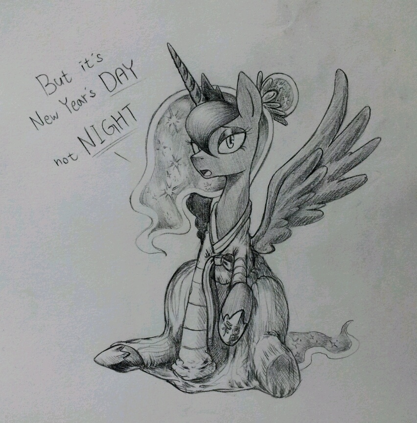 clothing cute discommunicator english_text equine female feral friendship_is_magic horn looking_at_viewer mammal monochrome my_little_pony princess_luna_(mlp) sitting sketch solo text traditional_media winged_unicorn wings