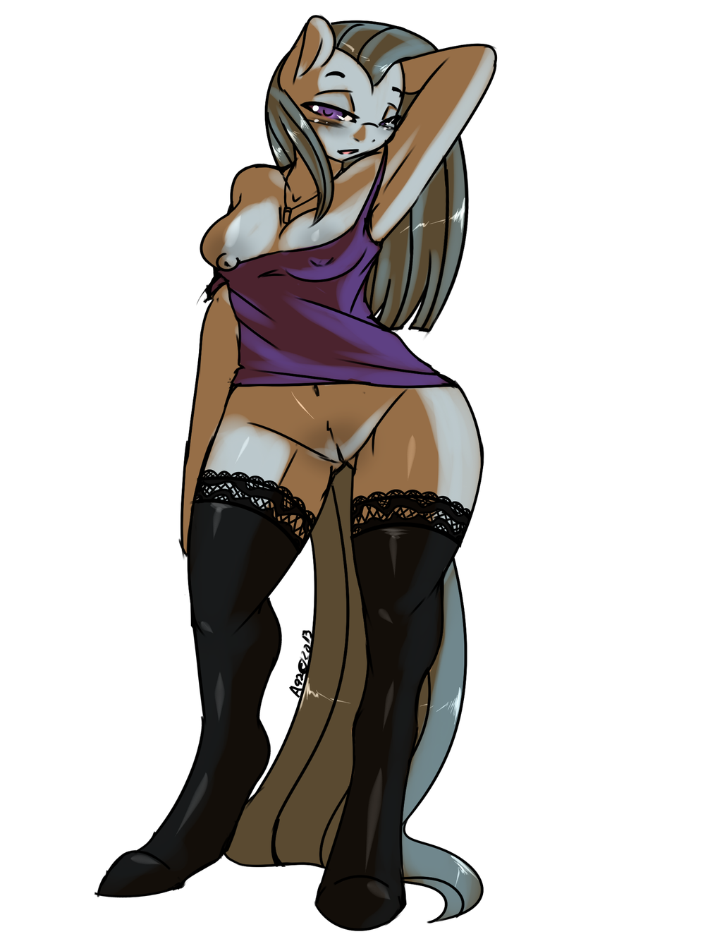 anthro anthrofied avante92 blush breasts clothing equine female friendship_is_magic gre_hair grey_hair hair horse inkie_pie_(mlp) legwear looking_at_viewer mammal my_little_pony nipples plain_background pony purple_eyes pussy shirt standing stockings white_background