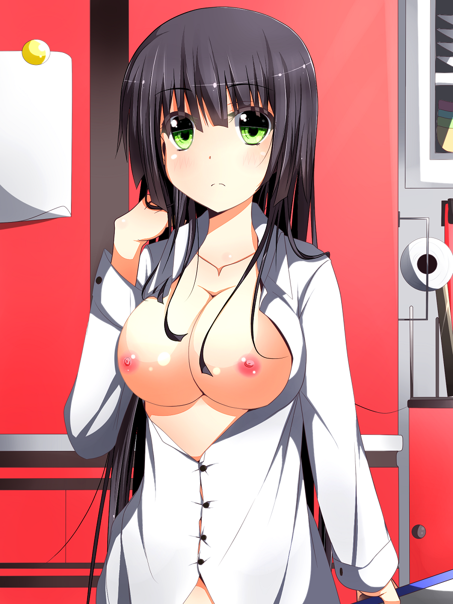1girl black_hair breasts breasts_outside ehimedaisuki female green_eyes highres long_hair looking_at_viewer nipples open_clothes open_shirt shirt solo