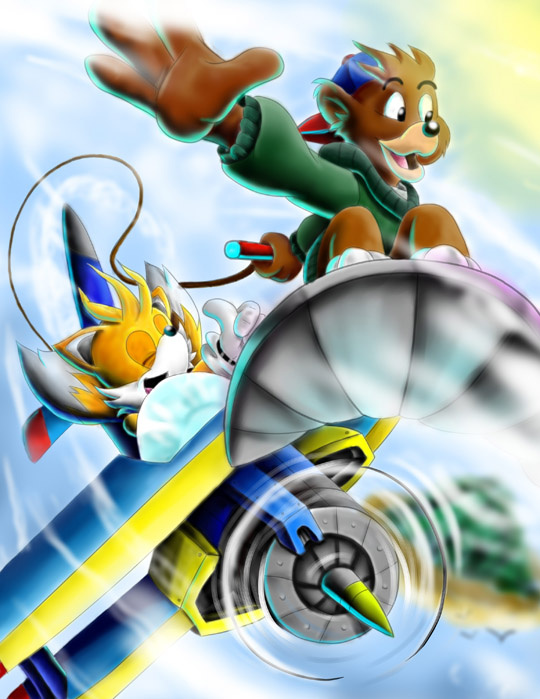 aircraft airplane anthro bear canine cub disney fox kit_cloudkicker male miles_prower sega smile sonic_(series) talespin young