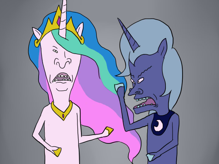 beavis_and_butthead crown duo equine friendship_is_magic hair hooves horn horse male mammal multi-colored_hair my_little_pony open_mouth parody pony princess princess_celestia_(mlp) princess_luna_(mlp) royalty unicorn unknown_artist winged_unicorn wings