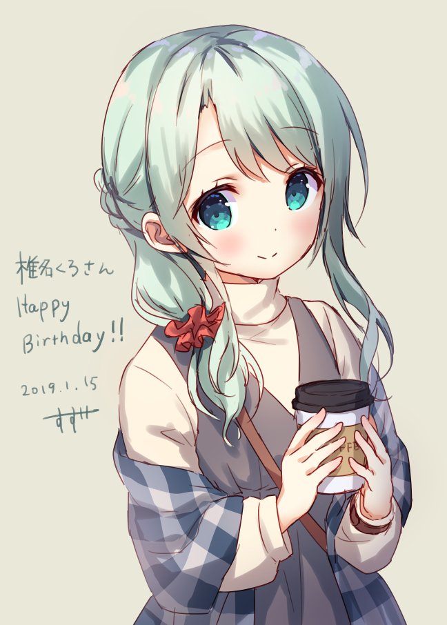 1girl aqua_eyes bangs brown_background brown_shirt chitosezaka_suzu closed_mouth coffee_cup commentary_request cup dated disposable_cup dress eyebrows_visible_through_hair green_hair grey_dress hair_ornament hair_scrunchie happy_birthday holding holding_cup long_hair long_sleeves original plaid red_scrunchie scrunchie shirt simple_background sleeveless sleeveless_dress smile solo translation_request upper_body
