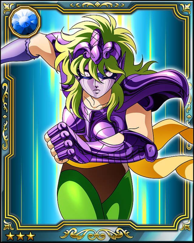 1girl 80s armor card card_(medium) female galaxy_card green_hair kurumada_masami mask oldschool ophiuchus_shaina saint_seiya shonen_jump