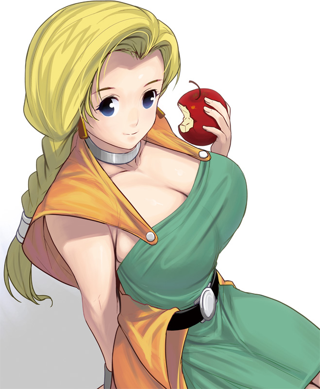 apple bianca blonde_hair blue_eyes braid breasts cleavage dragon_quest dragon_quest_v food fruit large_breasts light_smile long_hair masao simple_background solo white_background