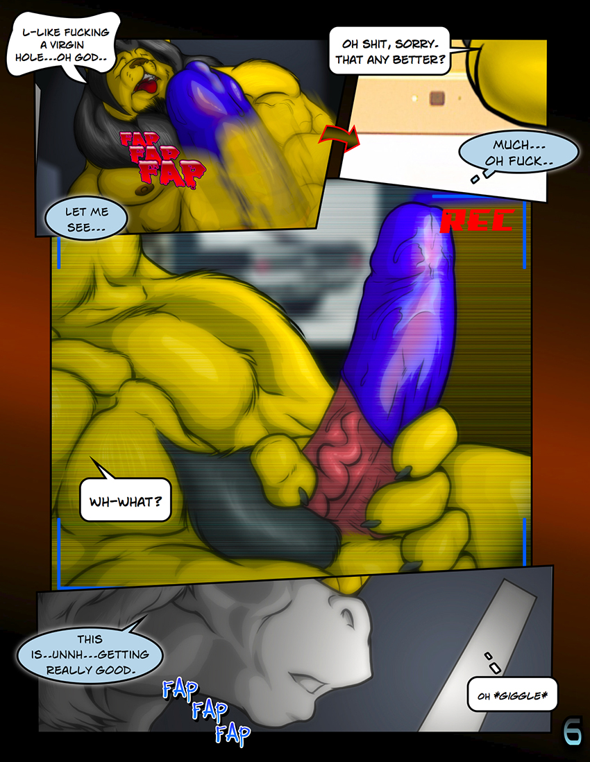 biceps big_muscles blue_eyes comic computer condom dialog english_text equine erection feline horn lion male mammal masturbation modem_(character) muscles nipples nude panels pecs penis recording teeth text unicorn unknown_artist vein webcam yellow_body