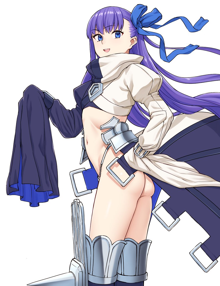 1girl :d ass blue_eyes blue_ribbon fate/extra fate/extra_ccc fate/grand_order fate_(series) flat_chest hair_ribbon long_hair long_sleeves meltlilith michihasu midriff navel open_mouth prosthesis prosthetic_leg purple_hair ribbon simple_background sleeves_past_wrists smile solo spikes white_background
