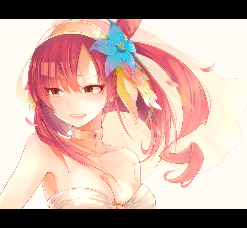 bare_shoulders breasts choker cleavage flower hair_flower hair_ornament hairband letterboxed magi_the_labyrinth_of_magic medium_breasts morgiana ocha_(hutuumikan) open_mouth orange_eyes red_hair simple_background smile solo upper_body veil yellow_eyes