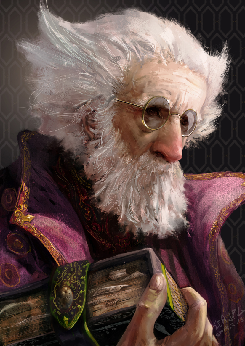 beard book book_strap brown_eyes facial_hair final_fantasy final_fantasy_iv glasses holding holding_book male_focus narcissus111 old_man realistic solo sunglasses tella upper_body wallpaper_(object) white_hair