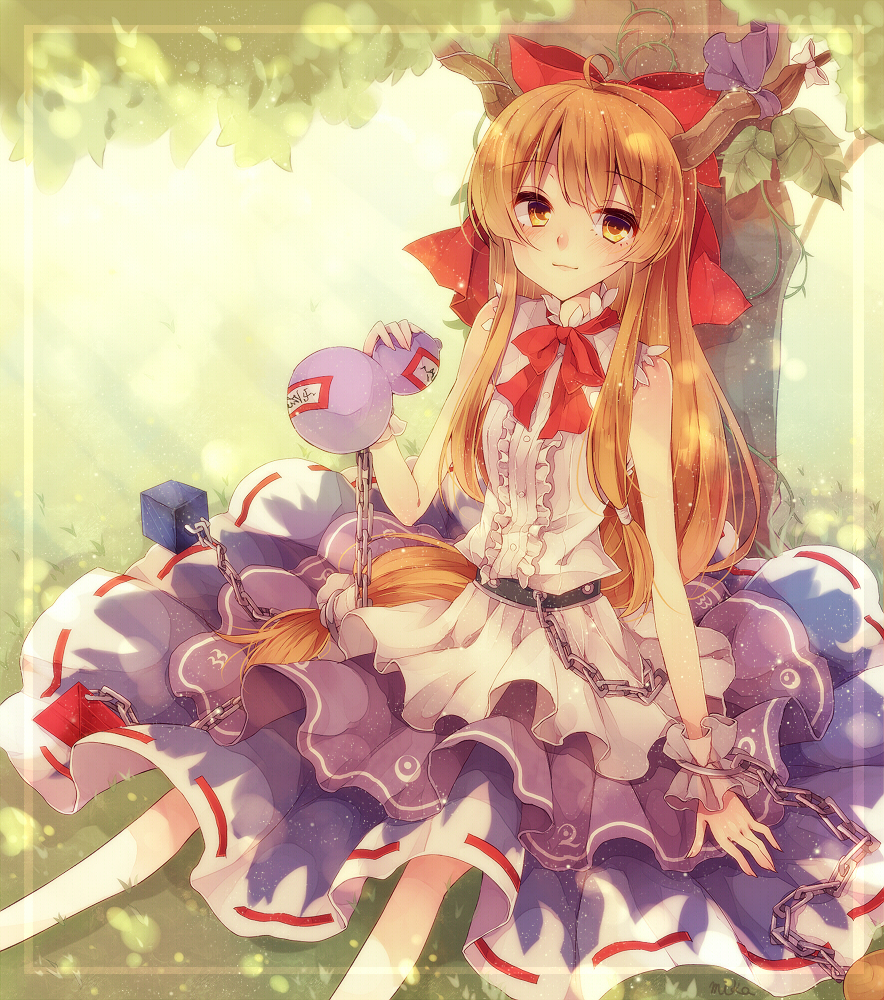 bad_id bad_pixiv_id bow brown_hair chain cuffs dress drinking gourd hair_bow horn_ribbon horns ibuki_suika long_hair miiko_(somnolent) ribbon sitting solo touhou tree yellow_eyes