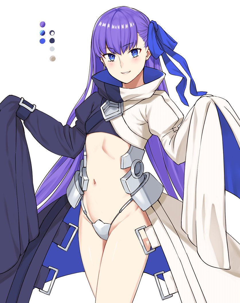 1girl blue_eyes blue_ribbon color_guide crotch_plate fate/extra fate/extra_ccc fate/grand_order fate_(series) flat_chest groin hair_ribbon long_hair long_sleeves meltlilith michihasu midriff navel purple_hair ribbon simple_background sleeves_past_wrists smile solo white_background