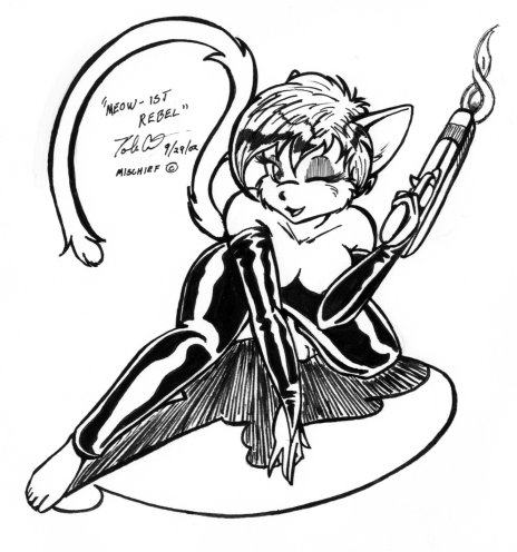 black_and_white cat clothed clothing feline female fingerless_gloves gloves gun hair half-dressed mammal monochrome one_eye_closed pants polecat_(artist) ranged_weapon short_hair solo topless weapon wink
