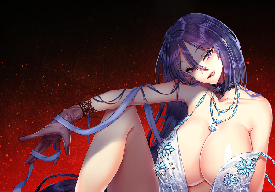 arm_on_knee bangs bare_shoulders breasts choker commentary_request commission covered_nipples erect_nipples fate/grand_order fate_(series) gloves hair_between_eyes halterneck huge_breasts jewelry lace licking_lips lingerie long_hair looking_at_viewer minamoto_no_raikou_(fate/grand_order) necklace nipples purple_eyes purple_hair red_background revealing_clothes royal_icing see-through sitting solo strap_slip tempi_(yise426) tongue tongue_out underwear very_long_hair