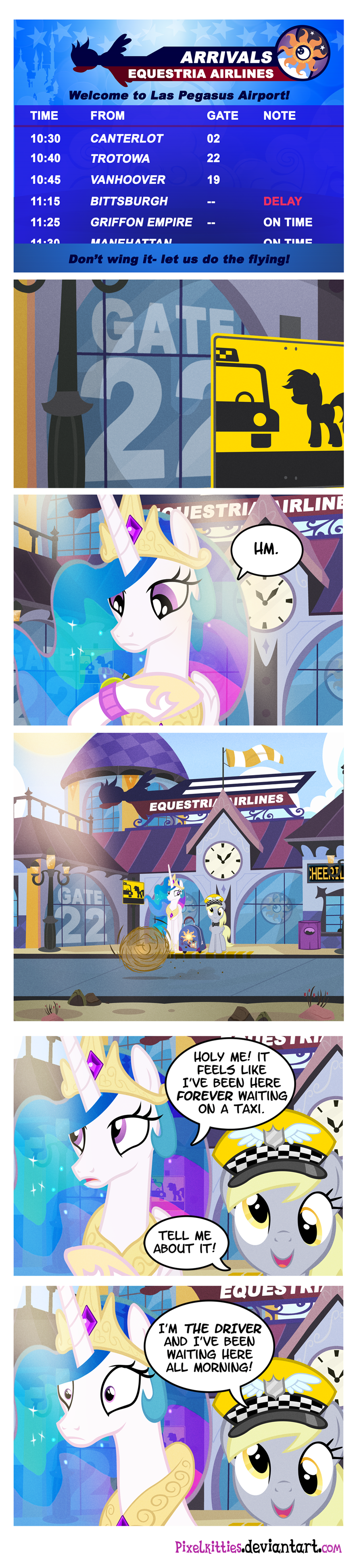 clock comic crown derpy_hooves_(mlp) dialog english_text equine female feral friendship_is_magic hair hat horse mammal multi-colored_hair my_little_pony pixelkitties pony princess princess_celestia_(mlp) purple_eyes royalty sign sparkles text true_story tumbleweed watch yellow_eyes