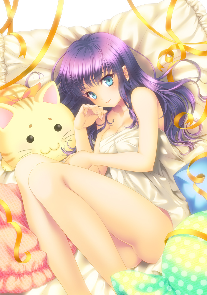 :3 bare_shoulders barefoot bed_sheet blue_eyes blush breasts brown_eyes cleavage dress fetal_position from_above legs long_hair looking_at_viewer medium_breasts naked_sheet original pillow purple_hair ribbon sleeveless sleeveless_dress stuffed_animal stuffed_cat stuffed_toy touto_seiro white_dress