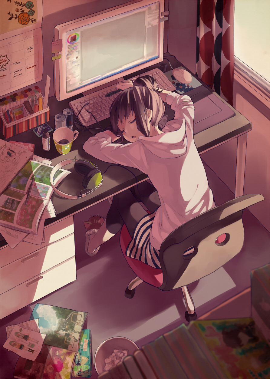 animal_slippers bad_id bad_pixiv_id booota brown_hair calendar_(object) can chair closed_eyes computer cup desk from_above hair_bun head_rest headphones highres hood hood_down hoodie indoors keyboard_(computer) magazine monitor mouse_(computer) mug office_chair open_mouth original painttool_sai pencil red_bull shirt short_hair sitting sketchbook sleeping sleeves_pushed_up slippers solo striped striped_shirt stylus sunglasses tablet twilight