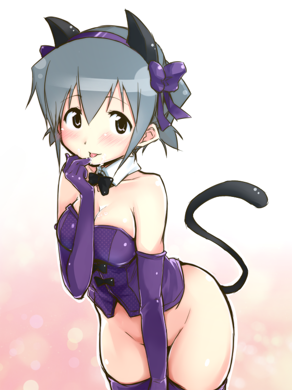 animal_ears blush bow bowtie breasts cat_ears cat_tail cleavage detached_collar elbow_gloves gloves grey_hair hairband hidamari_sketch kagami_uekusa kemonomimi_mode large_breasts looking_at_viewer no_panties nori short_hair smile solo tail thighhighs