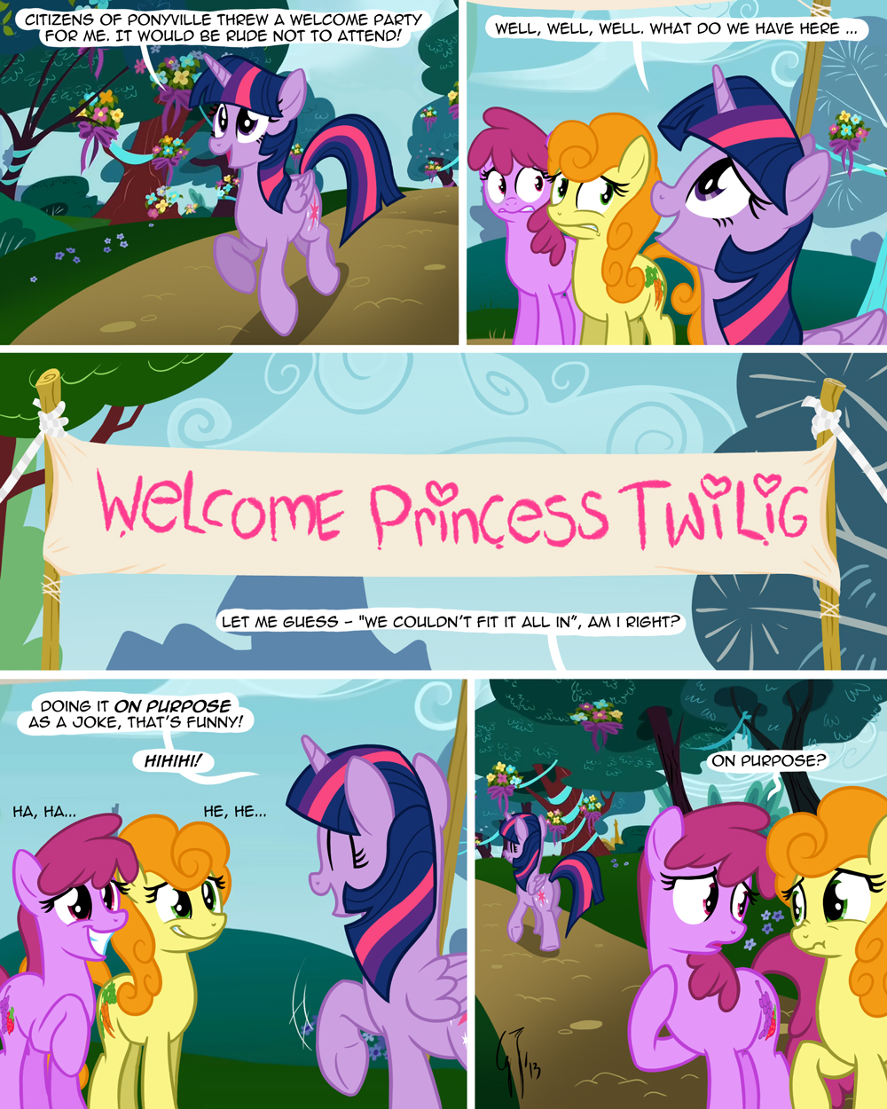 berry_punch_(mlp) carrot_top_(mlp) comic equine female feral flower friendship_is_magic glancojusticar green_eyes hair horn horse mammal my_little_pony orange_hair outside pony purple_eyes purple_hair sign tree twilight_sparkle_(mlp) winged_unicorn wings