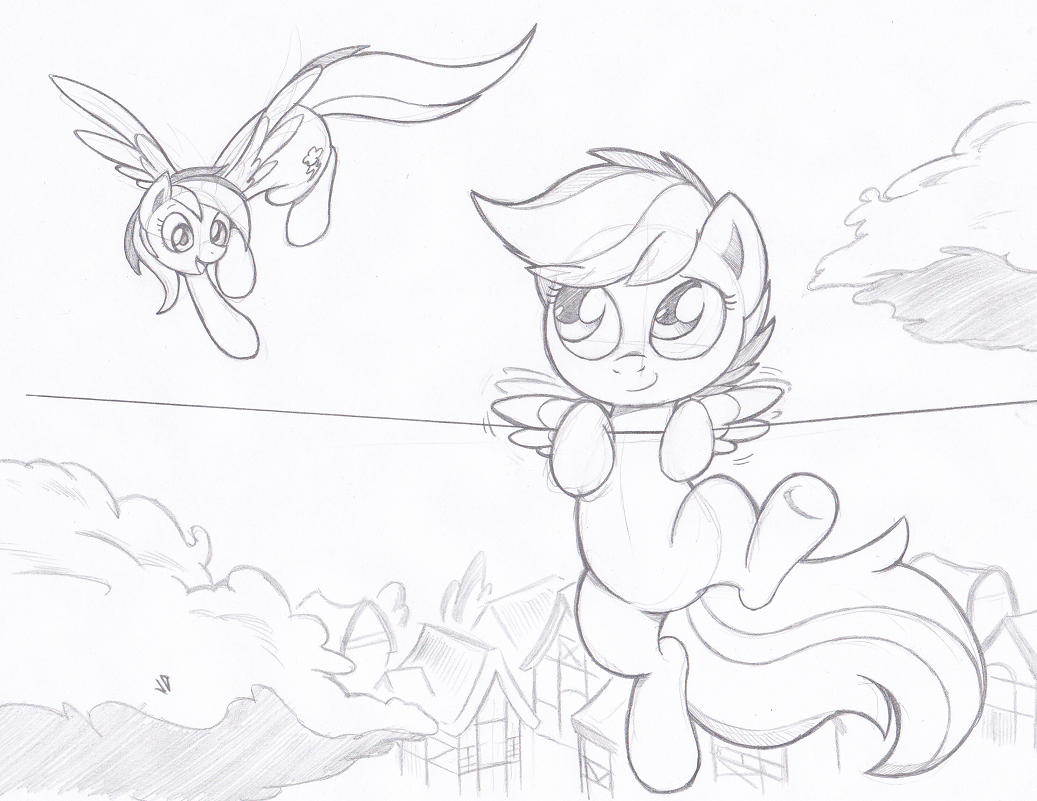 black_and_white cloud cutie_mark duo equine female feral flying friendship_is_magic hang_in_there house joey-darkmeat mammal monochrome my_little_pony outside pegasus rainbow_dash_(mlp) scootaloo_(mlp) sky string wings young