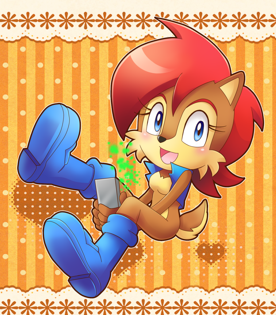 blue_eyes boots bottomless chipmunk clothed clothing female hair half-dressed handheld looking_at_viewer mammal mikuhoshi open_mouth red_hair rodent sally_acorn sega smile solo sonic_(series) squirrel