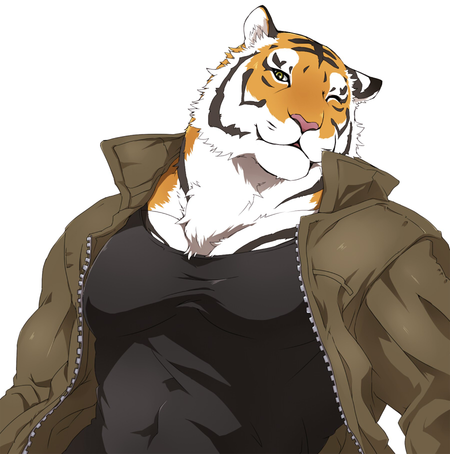 anthro biceps black_fur body_markings clothing feline fur giraffe_(artist) jacket male mammal markings muscles one_eye_closed orange_fur pecs plain_background pose shirt smile solo standing stripes tank_top tiger unknown_artist white_fur wink yellow_eyes