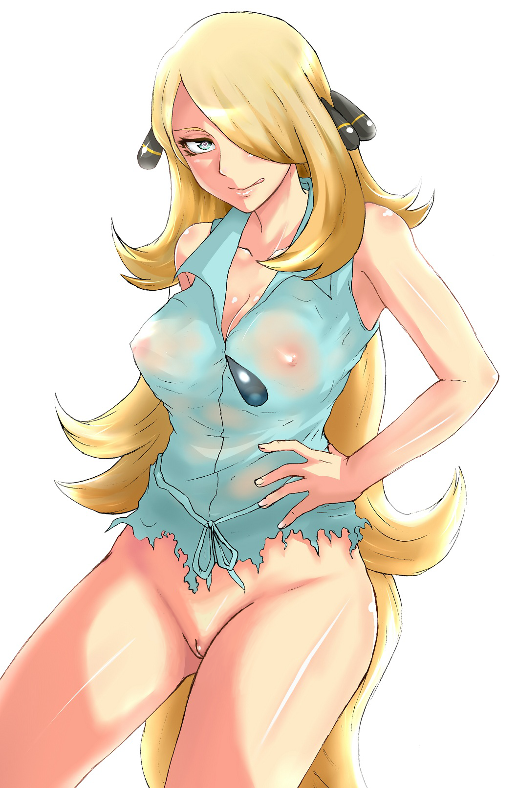 1girl :p blonde_hair blue_eyes bottomless breasts cleavage edit hair_ornament hair_over_one_eye highres large_breasts long_hair nipples pokemon pokemon_(anime) see-through shirona_(pokemon) smile tongue turizao uncensored very_long_hair