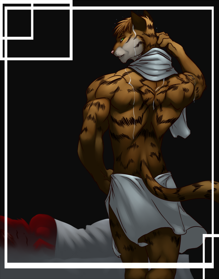 looking_back male mammal muscles sleeping tiger towel unknown_artist wet