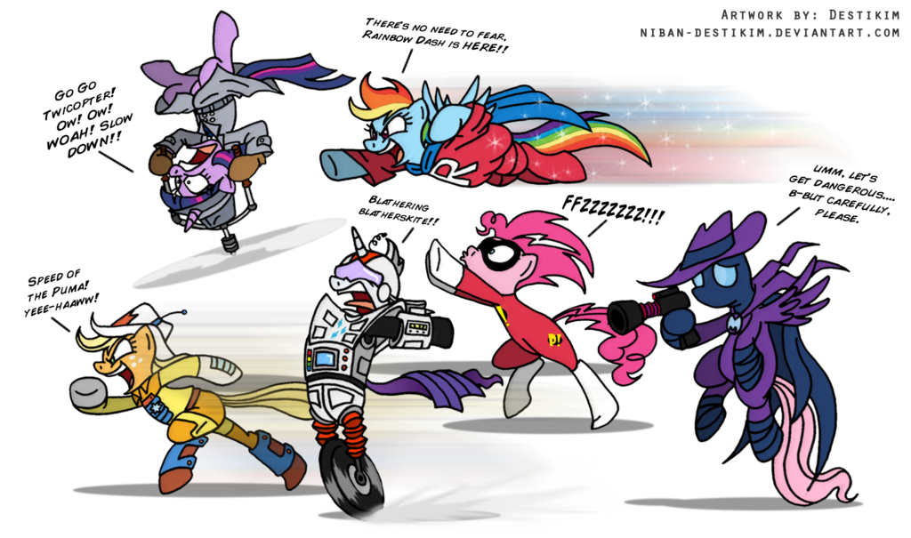 _(mlp) applejack_(mlp) blush bravestarr comic cutie_mark duo equine female feral fluttershy_(mlp) freakazoid friendship_is_magic gizmoduck horse inspector_gadget my_little_pony niban-destikim parody pinkie_pie_(mlp) plain_background pony rainbow_dash_(mlp) rarity_(mlp) simple_background twilight_sparkle_(mlp) underdog