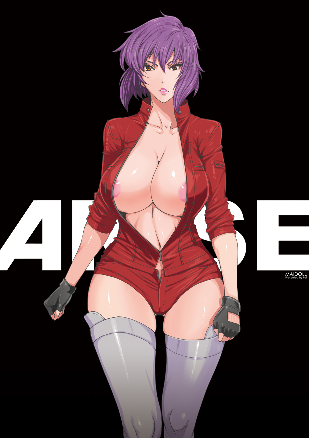 areolae breasts cleavage coat curvy fei_(maidoll) fingerless_gloves ghost_in_the_shell ghost_in_the_shell_arise gloves grey_legwear highres huge_breasts kusanagi_motoko lips navel open_clothes open_coat purple_hair red_eyes short_hair sleeves_pushed_up solo thighhighs wide_hips
