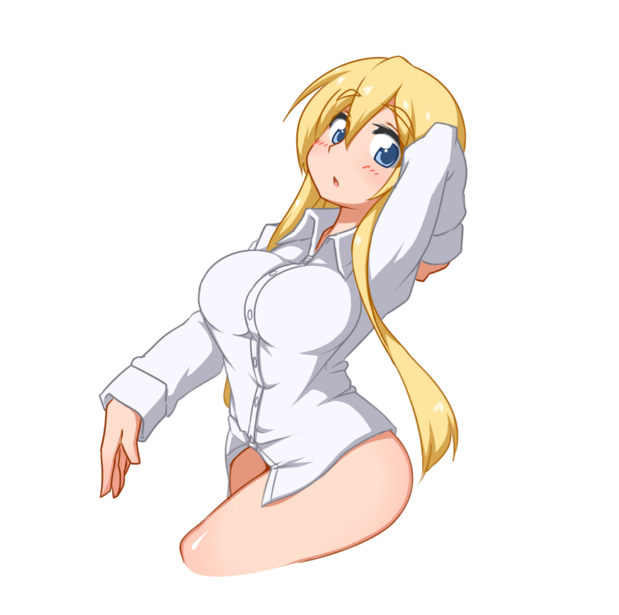 1girl blonde_hair blue_eyes bottomless breasts curvy female hand_behind_head kaz_(shade) large_breasts long_hair shirt simple_background solo thighs white_background