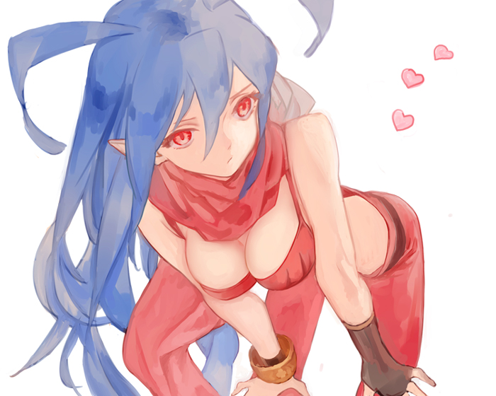3838383 bad_id bad_pixiv_id bent_over bikini_top blue_hair breasts disgaea disgaea_d2 fingerless_gloves gloves hands_on_own_knees hanging_breasts heart laharl laharl-chan leaning_forward long_hair medium_breasts midriff pointy_ears red_eyes scarf simple_background solo white_background