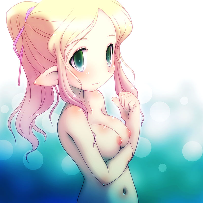 1girl blonde_hair blush breasts elf female green_eyes long_hair navel nipples nude original pointy_ears ponytail solo yoshi_(crossmind)