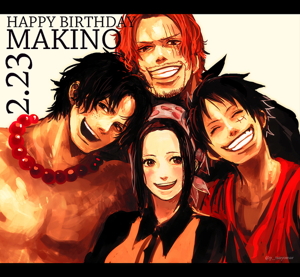 1girl 3boys bandanna birthday black_hair brother brothers dated freckles letterboxed makino makino_(one_piece) monkey_d_luffy multiple_boys necklace one_piece portgas_d_ace red_hair scar shanks siblings smile teeth