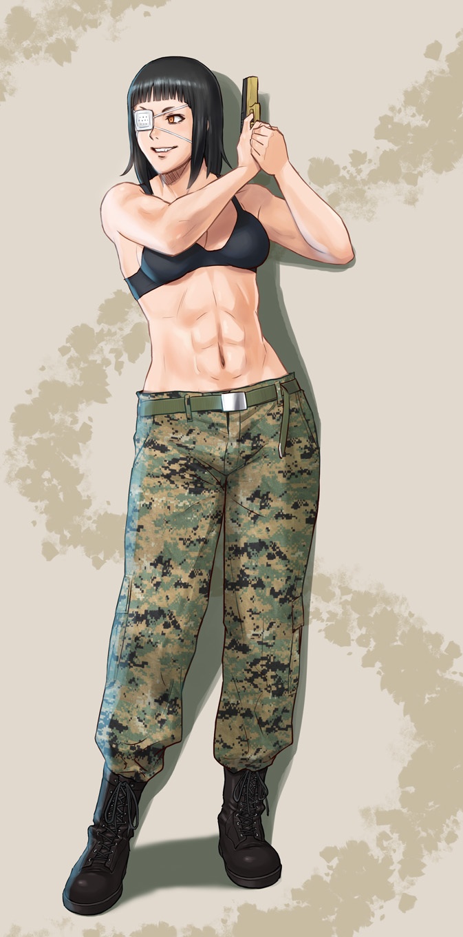 1girl abs azasuke belt boots breasts camouflage eyepatch gun highres jormungand long_hair military navel smile sofia_valmer solo weapon