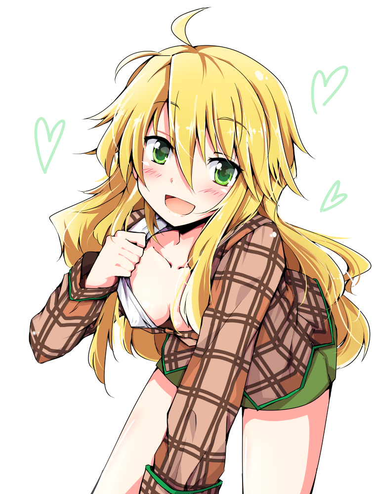 bent_over blonde_hair blush breasts chata_maru_(irori_sabou) collarbone downblouse green_eyes heart hoshii_miki idolmaster idolmaster_(classic) large_breasts long_hair looking_at_viewer open_mouth shirt skirt smile solo