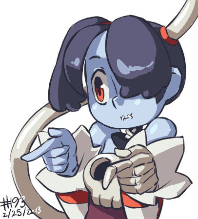 2013 animated animated_gif ass ass_shake backless_outfit bare_shoulders black_hair blue_skin chuunibyou_demo_koi_ga_shitai! dated hair_over_one_eye huge_ass junkpuyo leviathan_(skullgirls) lowres parody red_eyes short_hair simple_background skull skullgirls smile solo sparkling_daydream squigly_(skullgirls) stitched_mouth stitches zombie