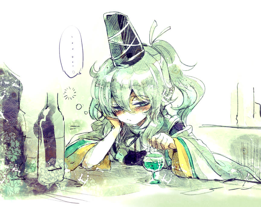alcohol bad_id bad_pixiv_id bottle cis_(carcharias) cup drinking_glass drunk grey_eyes hat japanese_clothes kariginu long_hair mononobe_no_futo ponytail sitting solo tate_eboshi touhou upper_body wide_sleeves wine_glass
