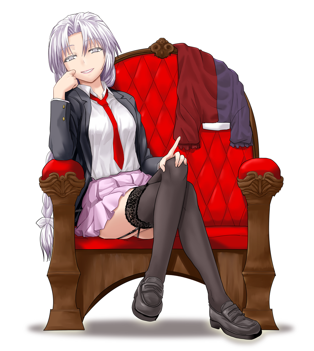 black_legwear braid chair cosplay crossed_legs garter_straps lace lace-trimmed_thighhighs loafers long_hair looking_at_viewer necktie red_neckwear reisen_udongein_inaba reisen_udongein_inaba_(cosplay) shoes silver_eyes silver_hair single_braid sitting smile solo sumeragi_seisuke thighhighs touhou yagokoro_eirin