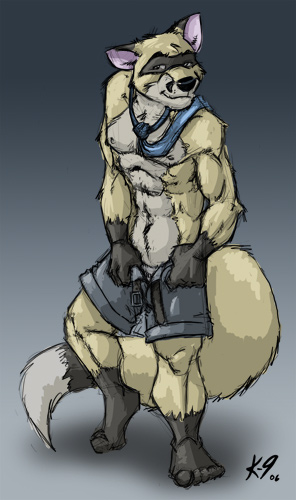 abs abstract_background anthro belt black_nose canine clothing ears_down fender ferret ferrox fox hybrid k-9 looking_at_viewer male mammal markings muscles mustelid necktie pecs shorts socks_(marking) solo toned topless undressing