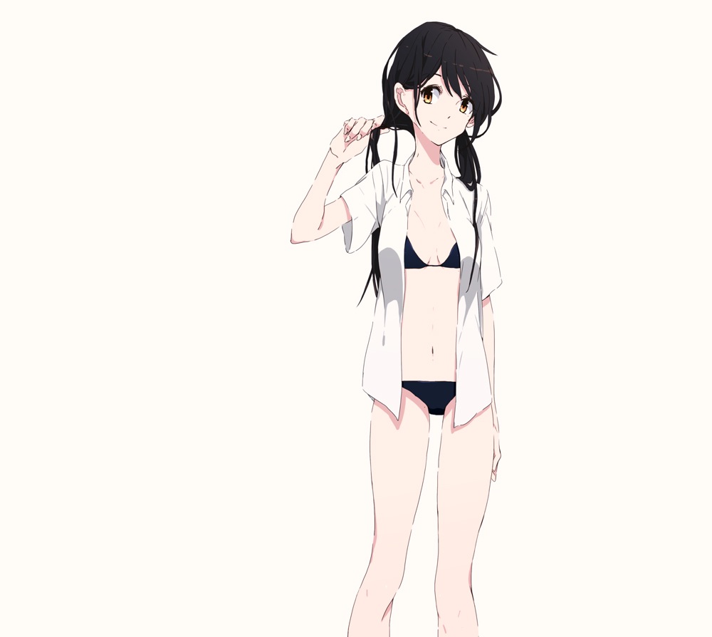 bad_id bad_pixiv_id bikini black_hair bunching_hair dress_shirt keishin long_hair low_twintails open_clothes open_shirt orange_eyes original shirt smile solo swimsuit twintails