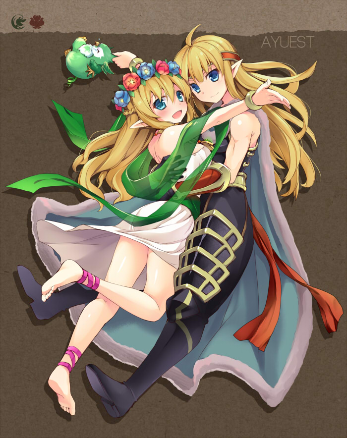 1girl ankle_lace-up ankle_ribbon anklet aqua_eyes armor bankoku_ayuya barefoot blonde_hair blue_eyes boots bracelet brother_and_sister cape cross-laced_footwear dress elf feet flower freyja_(p&amp;d) freyr_(p&amp;d) gloves hair_flower hair_ornament head_wreath headband hug jewelry long_hair muscle pointy_ears puzzle_&amp;_dragons ribbon siblings veil