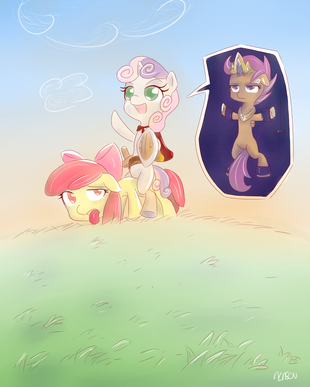 apple_bloom_(mlp) cub cutie_mark_crusaders_(mlp) equine exhausted female feral friendship_is_magic horn horse mammal my_little_pony pegasus scootaloo_(mlp) shield sweetie_belle_(mlp) unicorn wings young