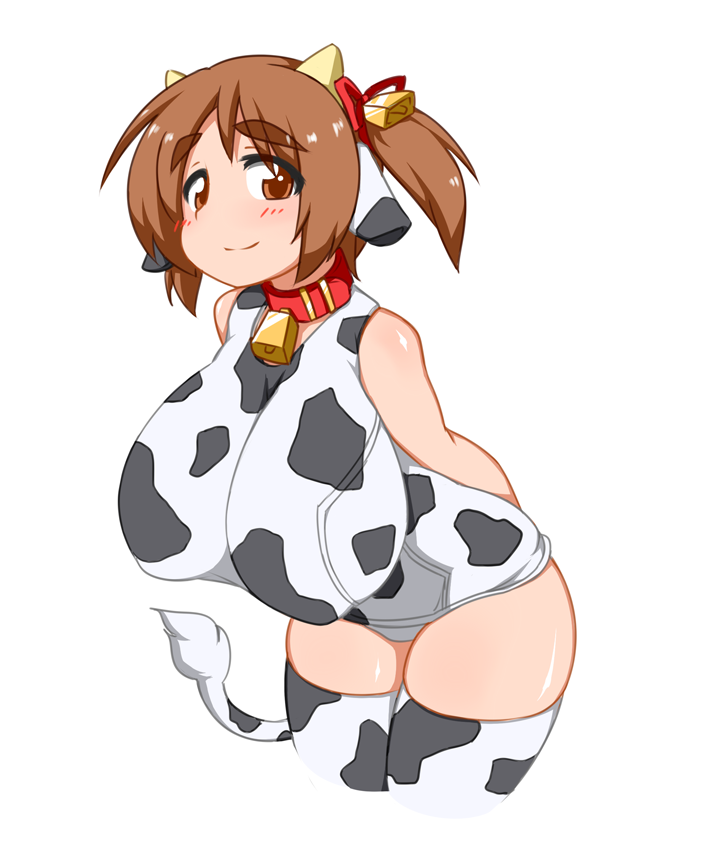 1girl animal_ears bell breasts brown_eyes brown_hair collar cow_ears cow_girl cow_print cow_tail female hair_ornament happy horns horuta_suin hottasuin_(hurimaro) huge_breasts kaz_(shade) leaning_forward looking_at_viewer one-piece_swimsuit short_hair short_twintails simple_background smile solo standing swimsuit tail thighhighs twintails white_background