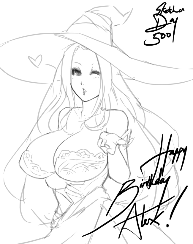 bare_shoulders breasts cleavage detached_sleeves dragon's_crown dress eu03 greyscale happy_birthday hat huge_breasts long_hair monochrome one_eye_closed sketch solo sorceress_(dragon's_crown) strapless strapless_dress witch_hat