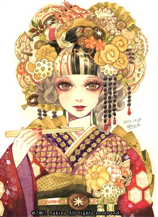 2012 brown_eyes chopsticks dated flower food food_themed_clothes hair_ornament holding japanese_clothes kimono lips looking_at_viewer makeup multicolored_hair nail_polish new_year original osechi personification red_nails sakizou simple_background solo upper_body watermark white_background