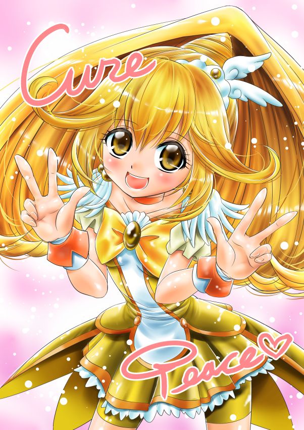 bike_shorts blonde_hair boots bow character_name choker cure_peace double_v hair_flaps heart kise_yayoi long_hair magical_girl open_mouth ponytail precure shorts shorts_under_skirt skirt smile smile_precure! solo tiara traditional_media tsubakiyama_parry v wrist_cuffs yellow yellow_bow yellow_eyes yellow_shorts yellow_skirt