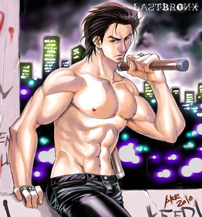 abs black_hair bruce_lee hair_slicked_back inagaki_joe jewelry last_bronx leather leather_pants male_focus momojiri_(kari) muscle navel nunchaku pants pectorals ring shirtless solo weapon